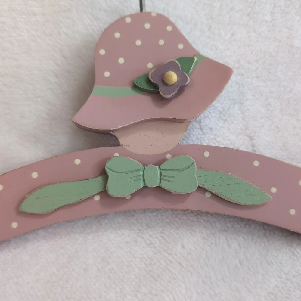 Vintage Wooden Clothes Hanger Girls Pink Polka Dot Sun Hat Cottagecore Child